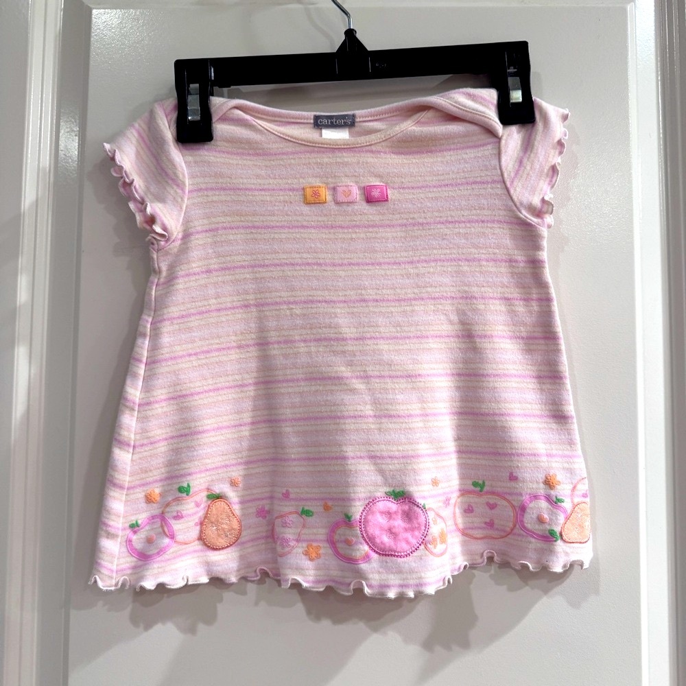Carter's Baby Cotton Light Pink Striped Soft Tee Fruit Embroidery Shirt Top 6 Mo